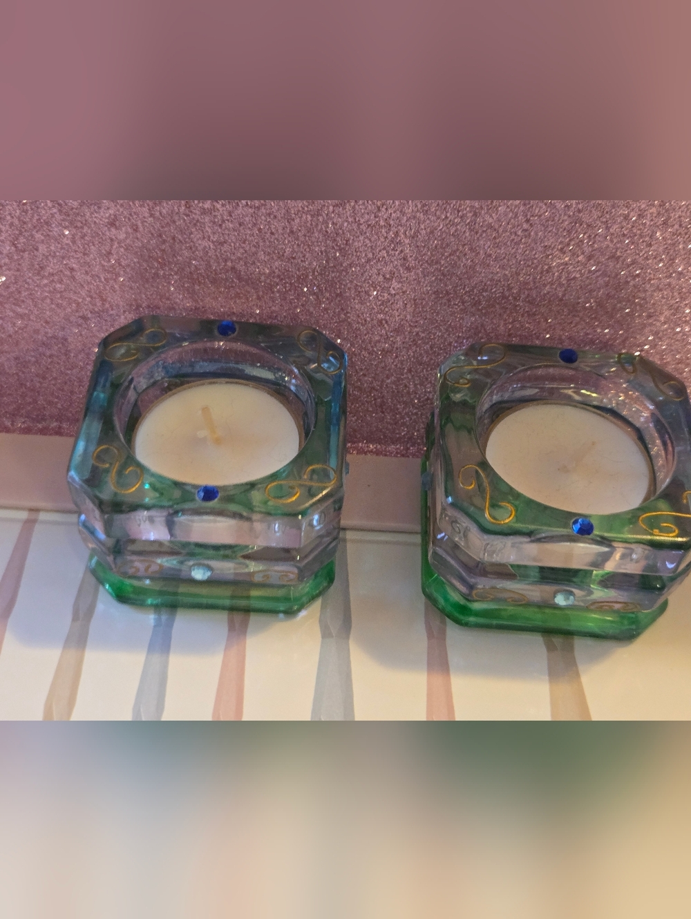 Pair of Square Glass Tea Light Holders - Green Trim with Gold Scrolls & Blue Gem